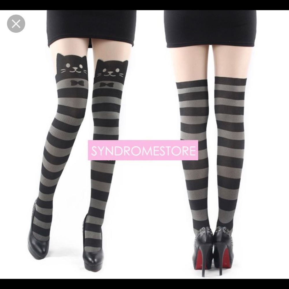 Striped Faux Thigh High Tights w/ Cat and Bow Tie